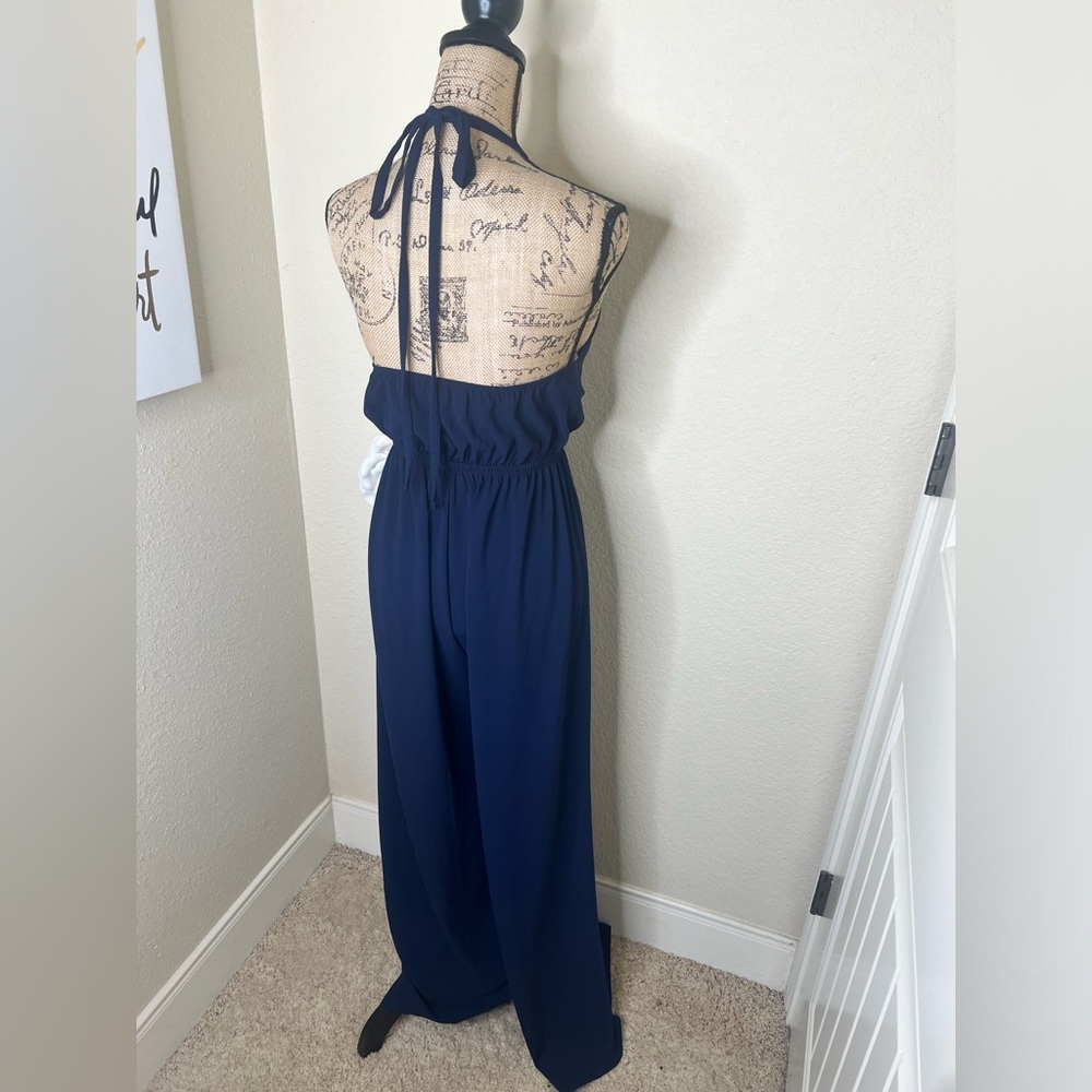 NTM: Tyche Navy Halter Cutout Wide-Leg Jumpsuit Flowy Boho Wear One-Piece Size L - Picture 15 of 16